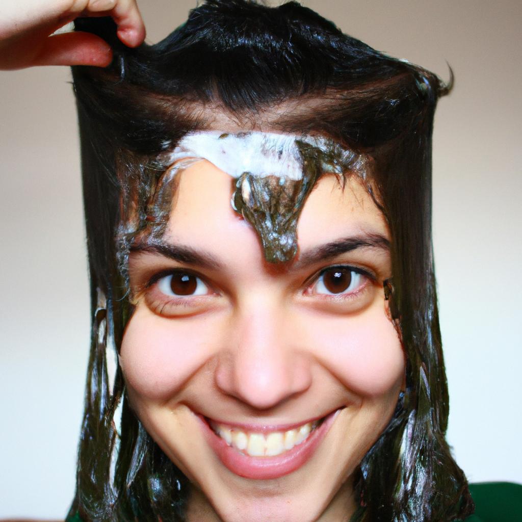 Person applying hair mask, smiling